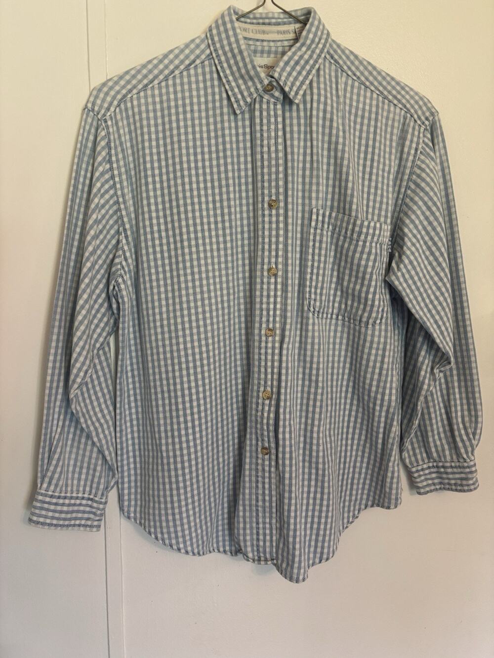 Vintage Paris Sports Club Button Up Shirt Women's Med Blue gingham Color